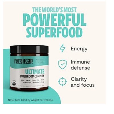 FreshCap Ultimate Mushroom Complex Powder - Lions Mane, Reishi, Cordyceps, Chaga, Turkey Tail, Maitake Supplements