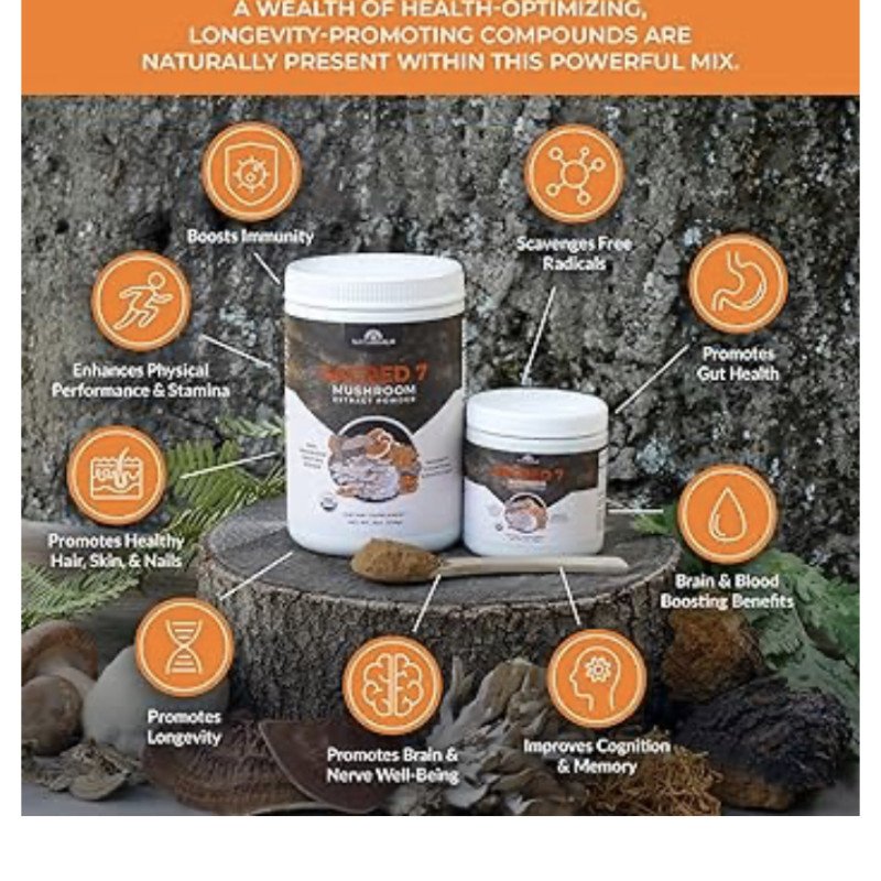 SACRED 7 Mushroom Extract Powder - USDA Organic - Lion's Mane, Reishi, Cordyceps, Maitake, Shiitake, Turkey Tail, Chaga - 8 Oz - Supplement