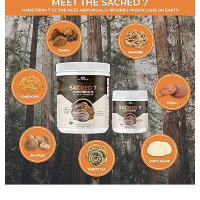 SACRED 7 Mushroom Extract Powder - USDA Organic - Lion's Mane, Reishi, Cordyceps, Maitake, Shiitake, Turkey Tail, Chaga - 8 Oz - Supplement